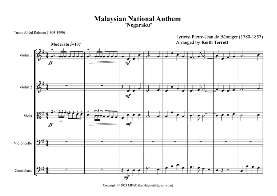Malaysian National Anthem for String Orchestra (World National Anthem Series) String Orchestra scores gallery preview page 2