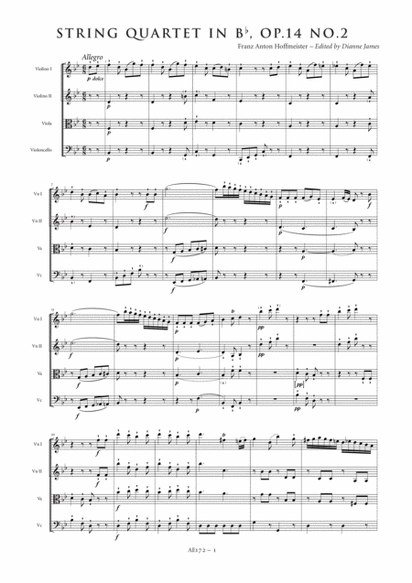 String Quartet in B flat major, Op. 14, No. 2 (score and parts)