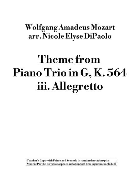 Theme from Piano Trio in G K564, III - Proto-Notation Beginner Arrangement w/ Teacher Duet (2P4H or image number null