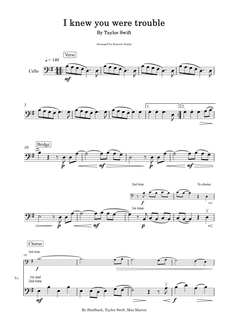 I Knew You Were Trouble Cello Solo scores gallery preview page 1