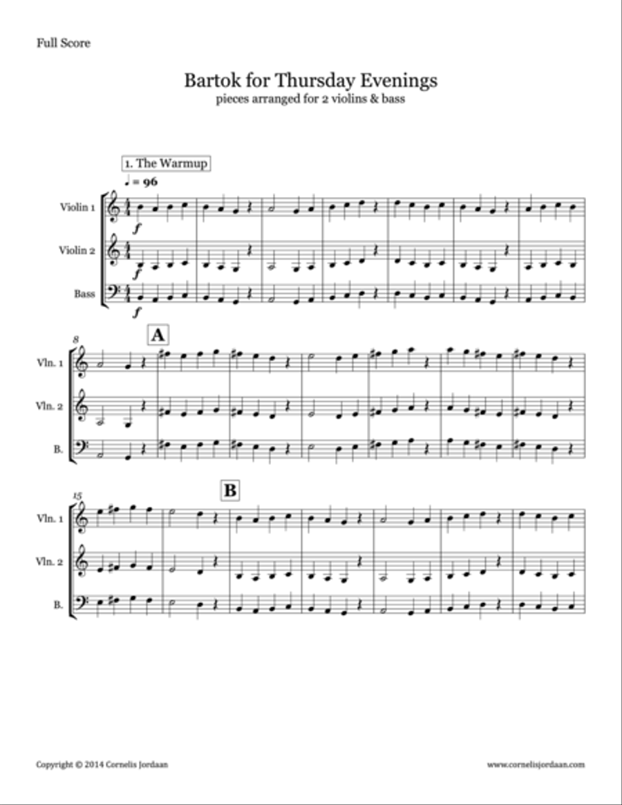Bartok for Thursday Evenings, for 2 violins & bass Small Ensemble scores gallery preview page 1