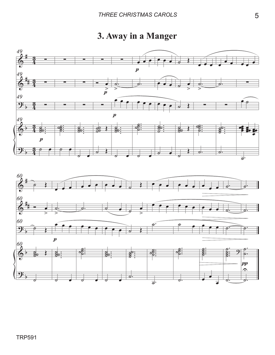 THREE CHRISTMAS CAROLS - for TRUMPET, ALTO SAX & TROMBONE with Piano Small Ensemble scores gallery preview page 5