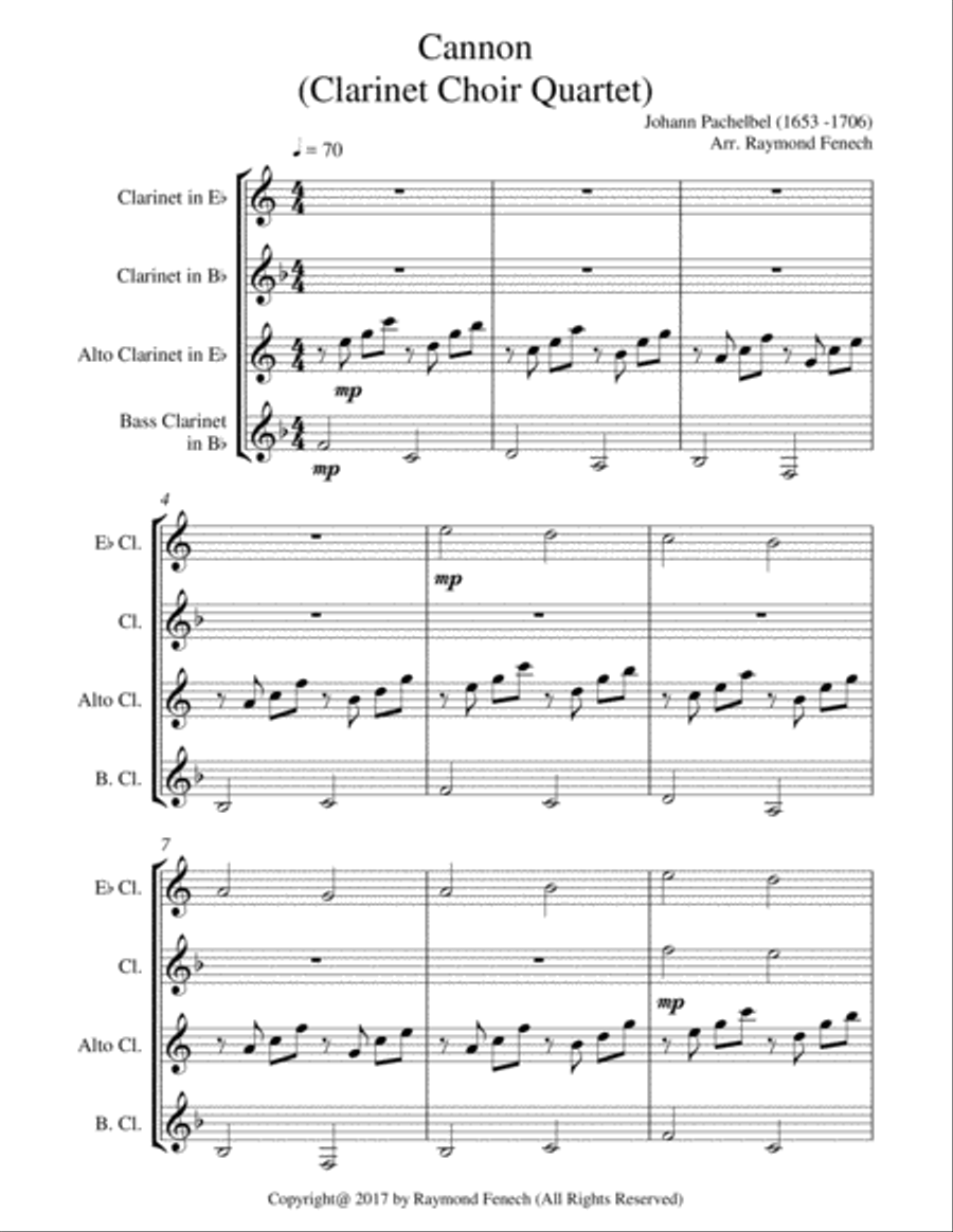 Canon - Johann Pachebel - Clarinet Choir Quartet (E Flat Clarinet; B Flat Clarinet; Alto Clarinet an Clarinet Quartet scores gallery preview page 6