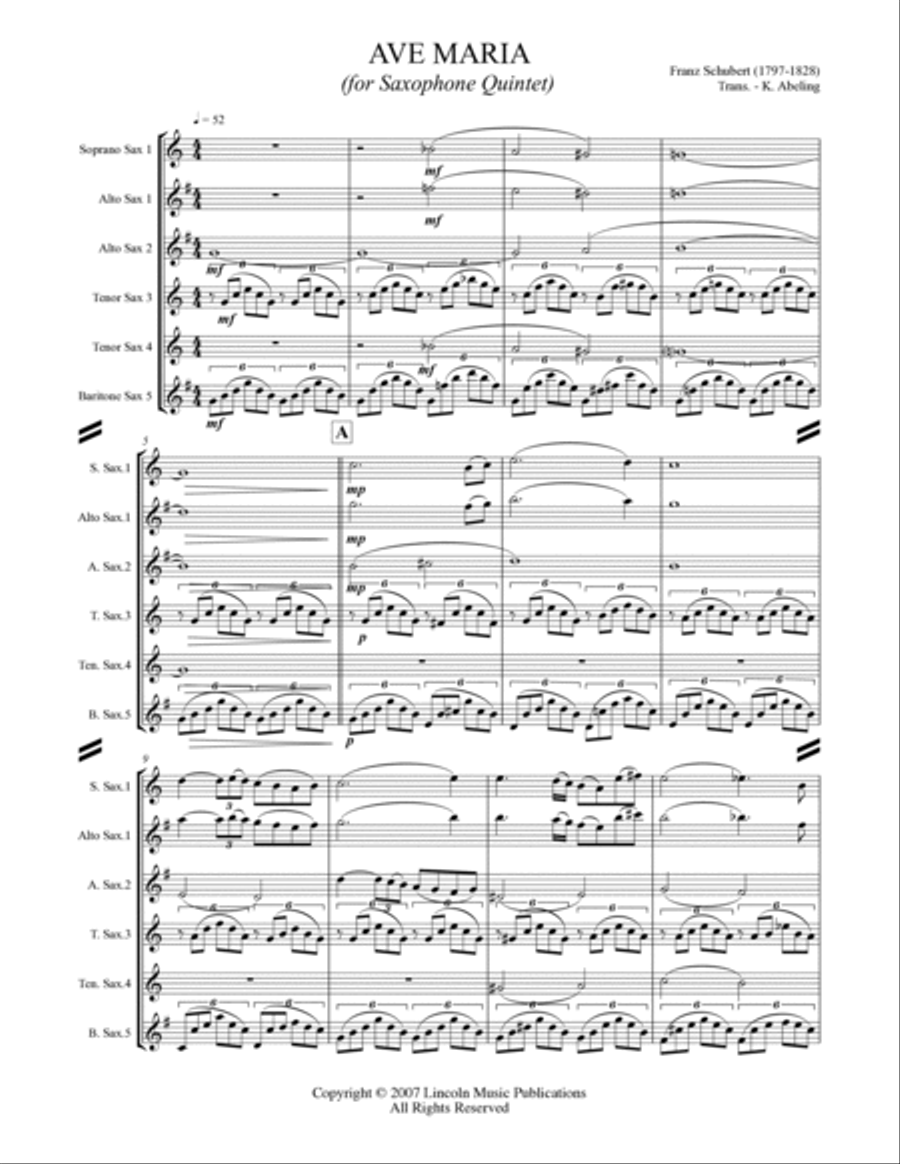 Ave Maria (for Saxophone Quintet SATTB or AATTB) Saxophone Quintet scores gallery preview page 2
