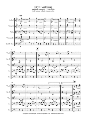 Skye Boat Song for string quartet with additional optional bass part. Score & parts