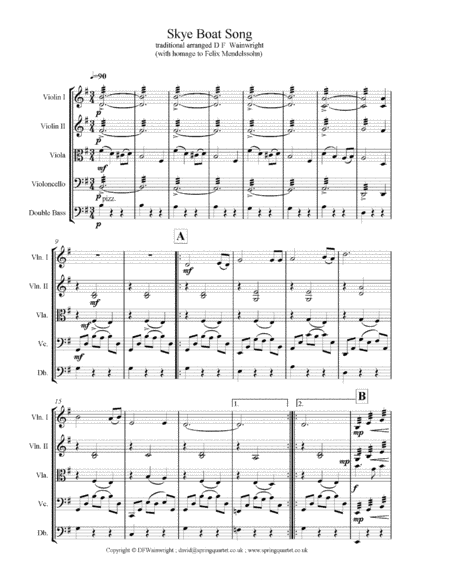 Skye Boat Song for string quartet with additional optional bass part. Score & parts image number null