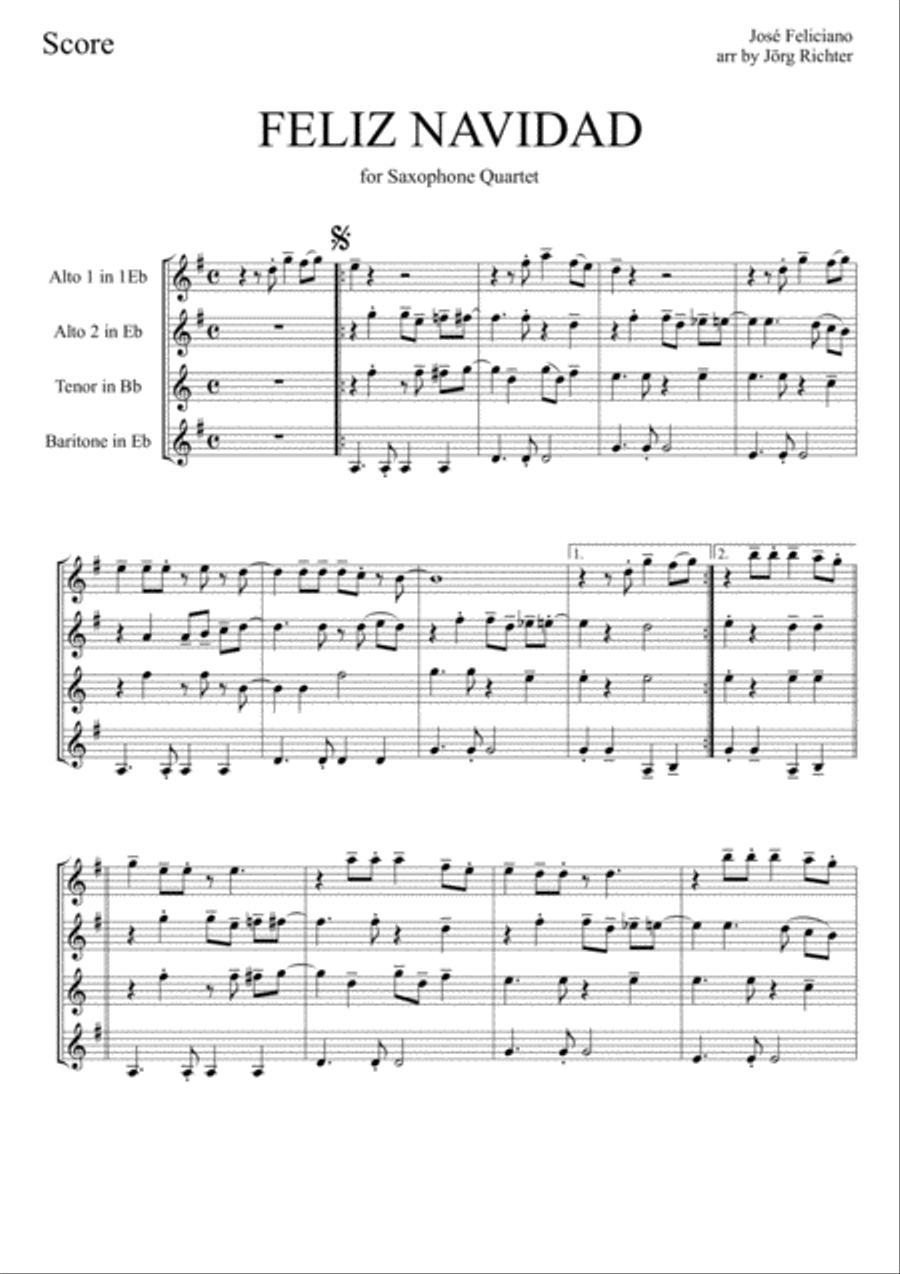 Feliz Navidad Saxophone Quartet scores gallery preview page 2