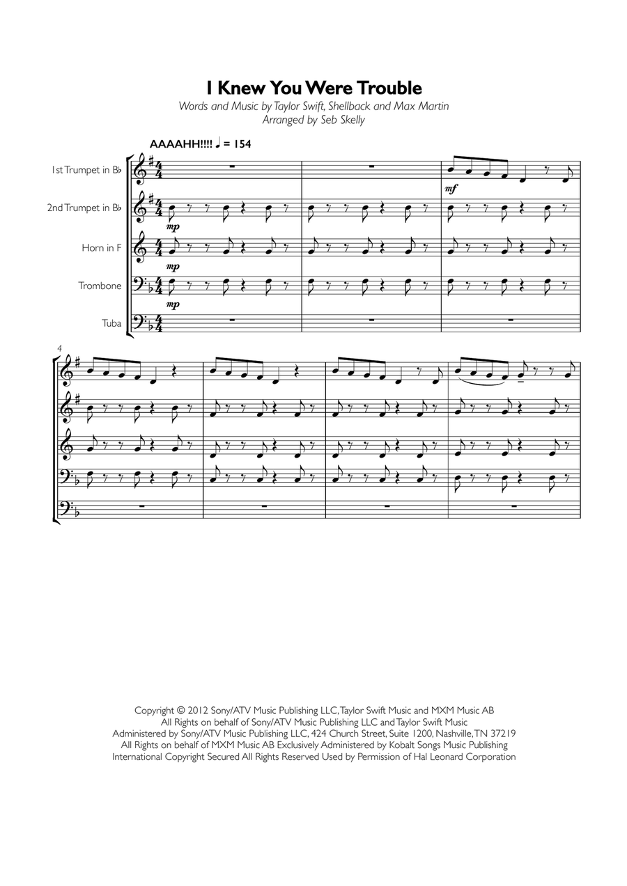 I Knew You Were Trouble Brass Ensemble scores gallery preview page 1