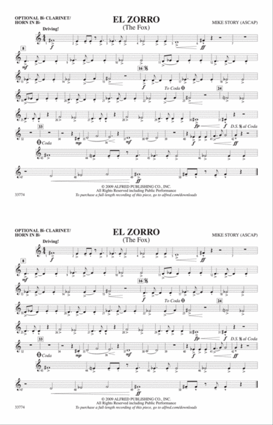 El Zorro: Optional Bb Clarinet/Horn in Bb Marching Band scores gallery preview page 1