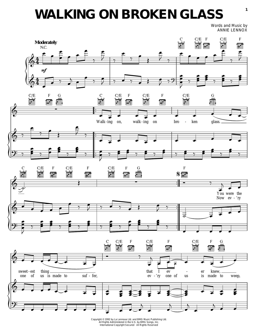 Walking On Broken Glass Piano, Vocal, Guitar scores gallery preview page 1