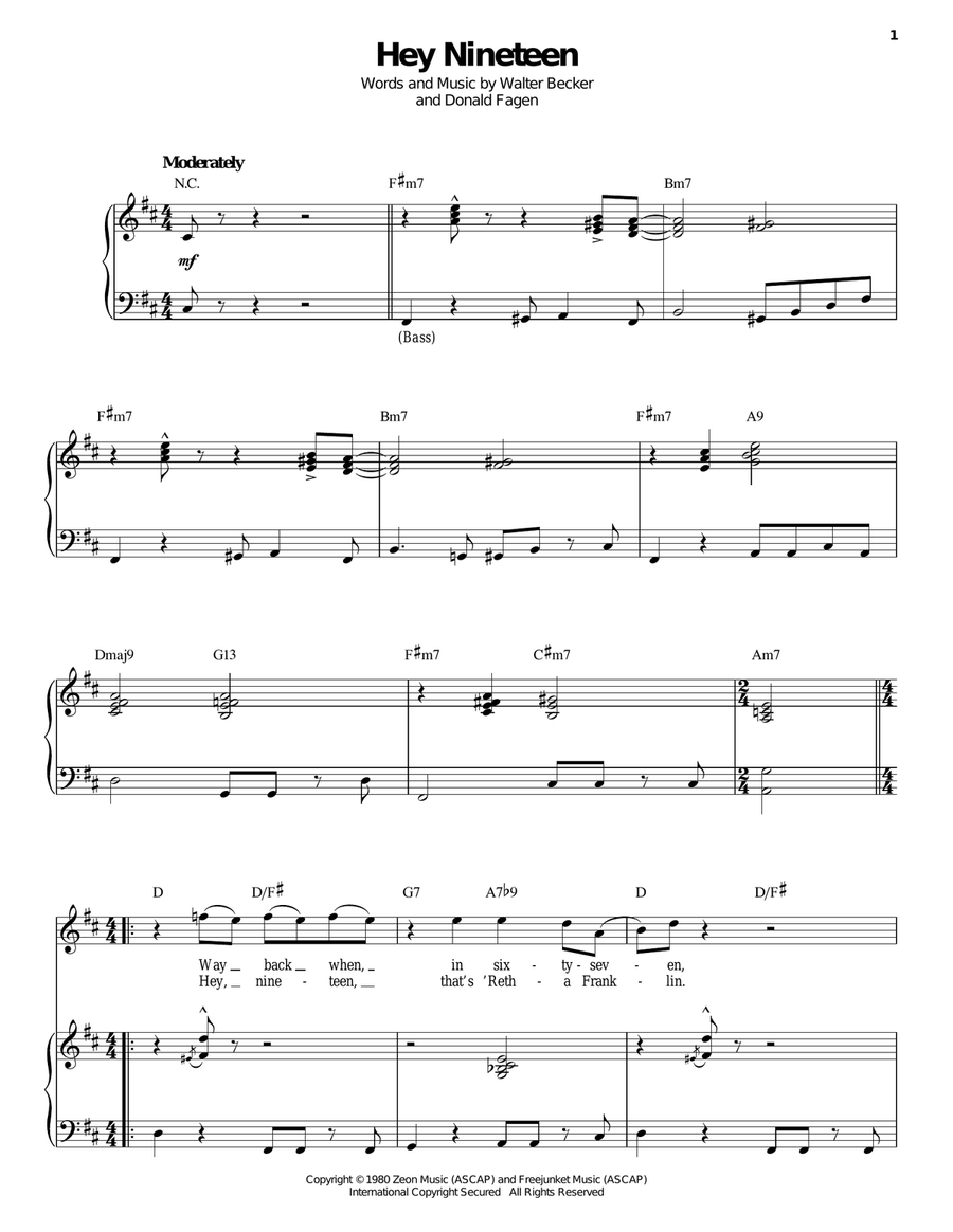 Hey Nineteen Piano, Vocal scores gallery preview page 1