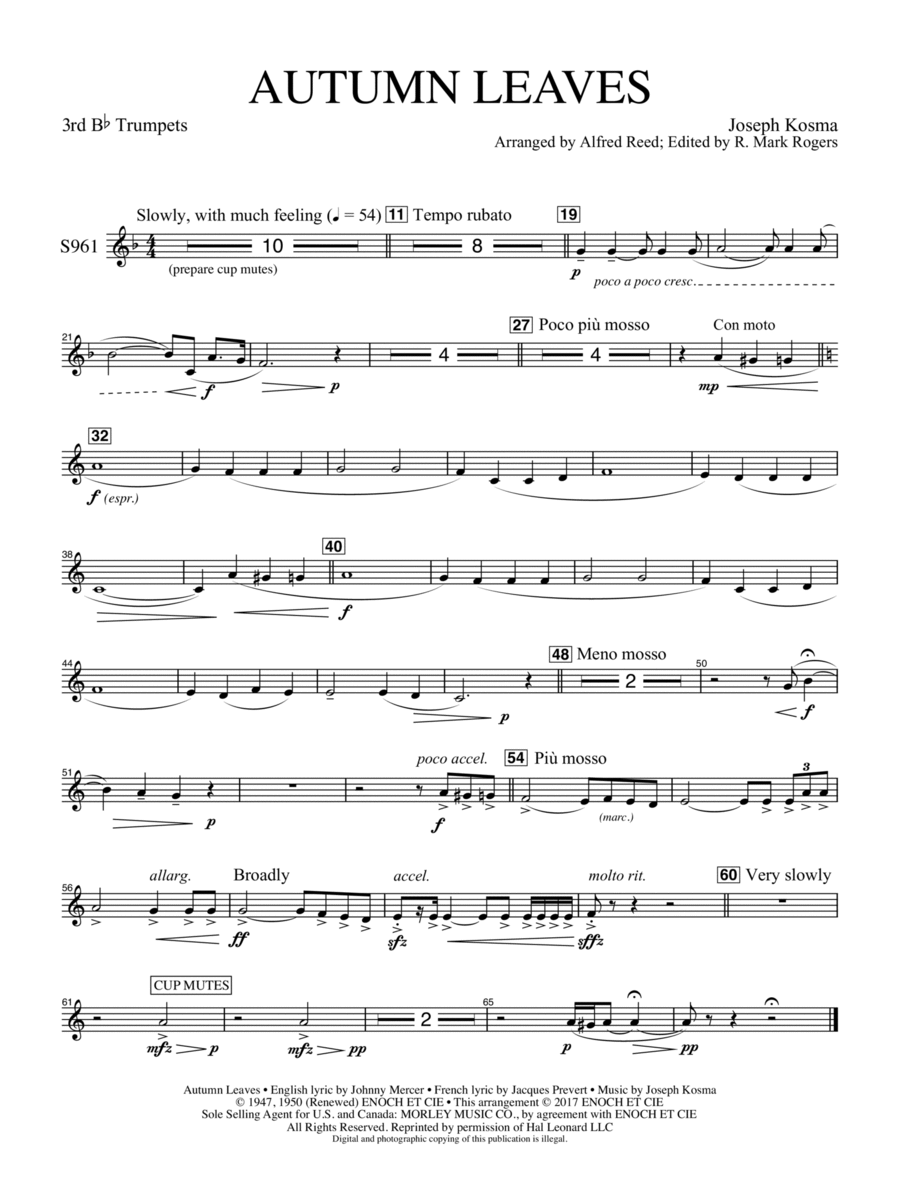 Autumn Leaves (Les feuilles mortes) - Trumpet 3 Concert Band scores gallery preview page 1