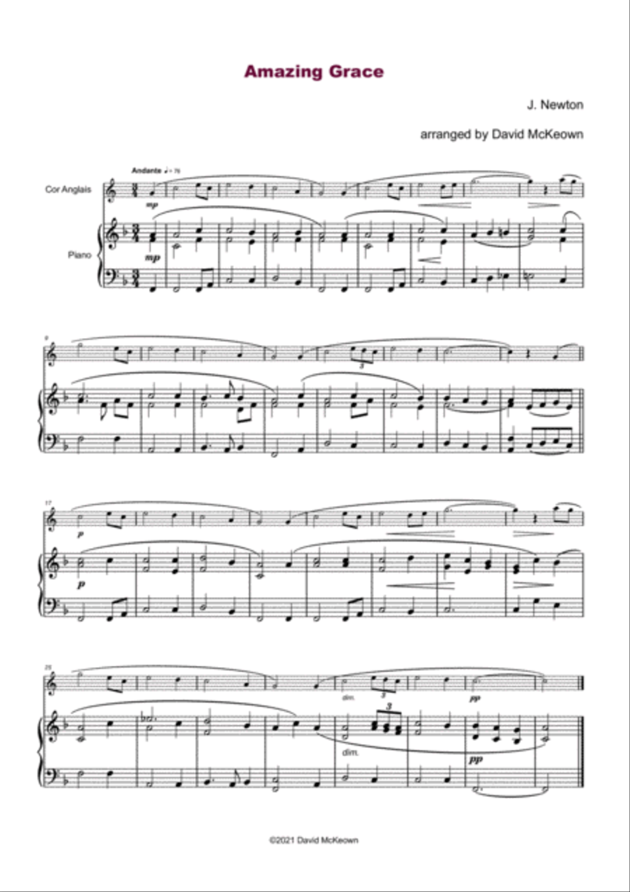 Amazing Grace, Gospel Hymn for Cor Anglais and Piano English Horn scores gallery preview page 2