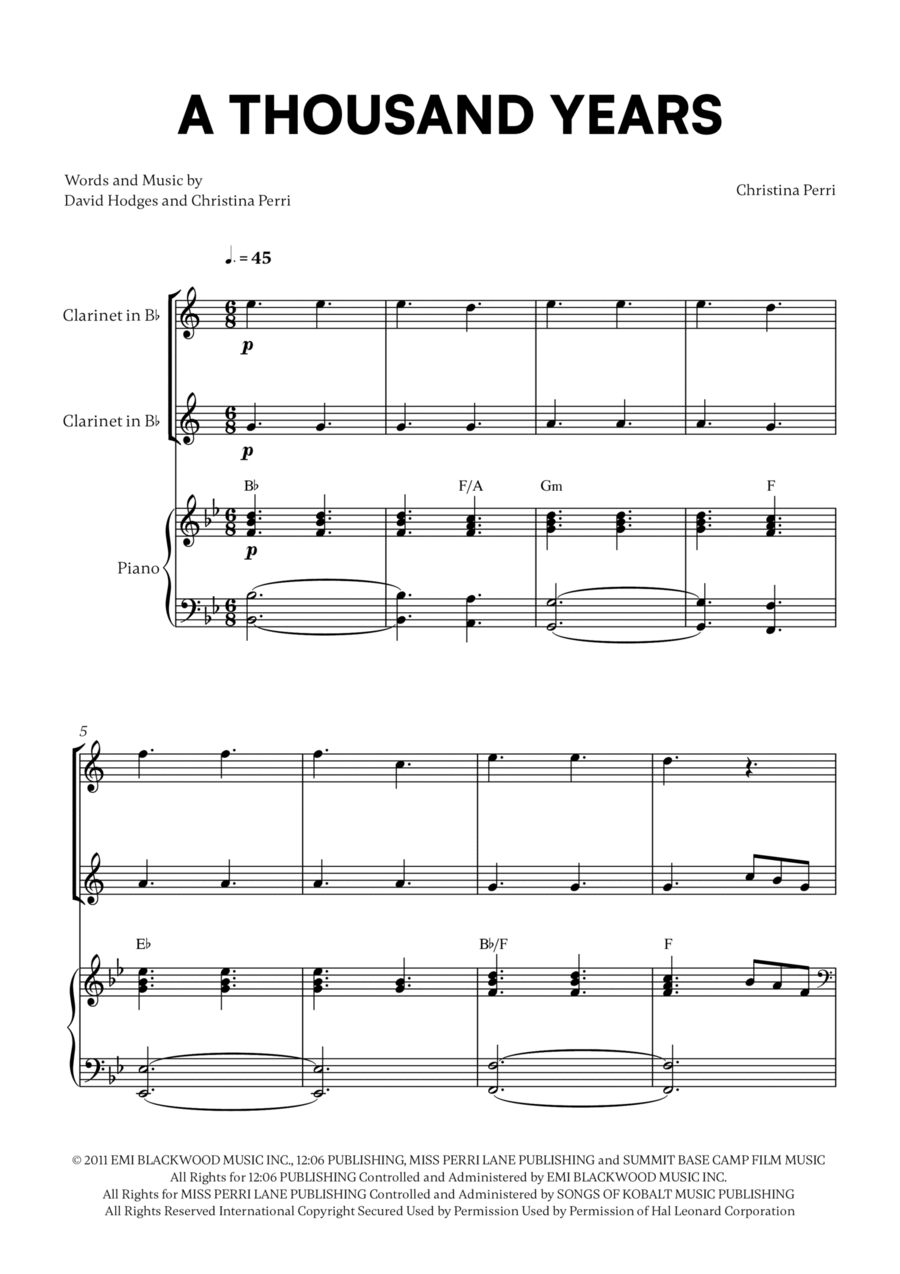A Thousand Years Clarinet Duet scores gallery preview page 1