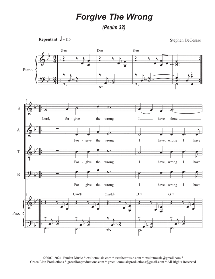 Forgive The Wrong (Psalm 32) (Vocal Quartet - (SATB) image number null