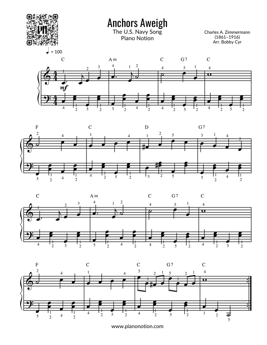 Anchors Aweigh - The U.S. Navy Song (Piano Solo) Easy Piano scores gallery preview page 1