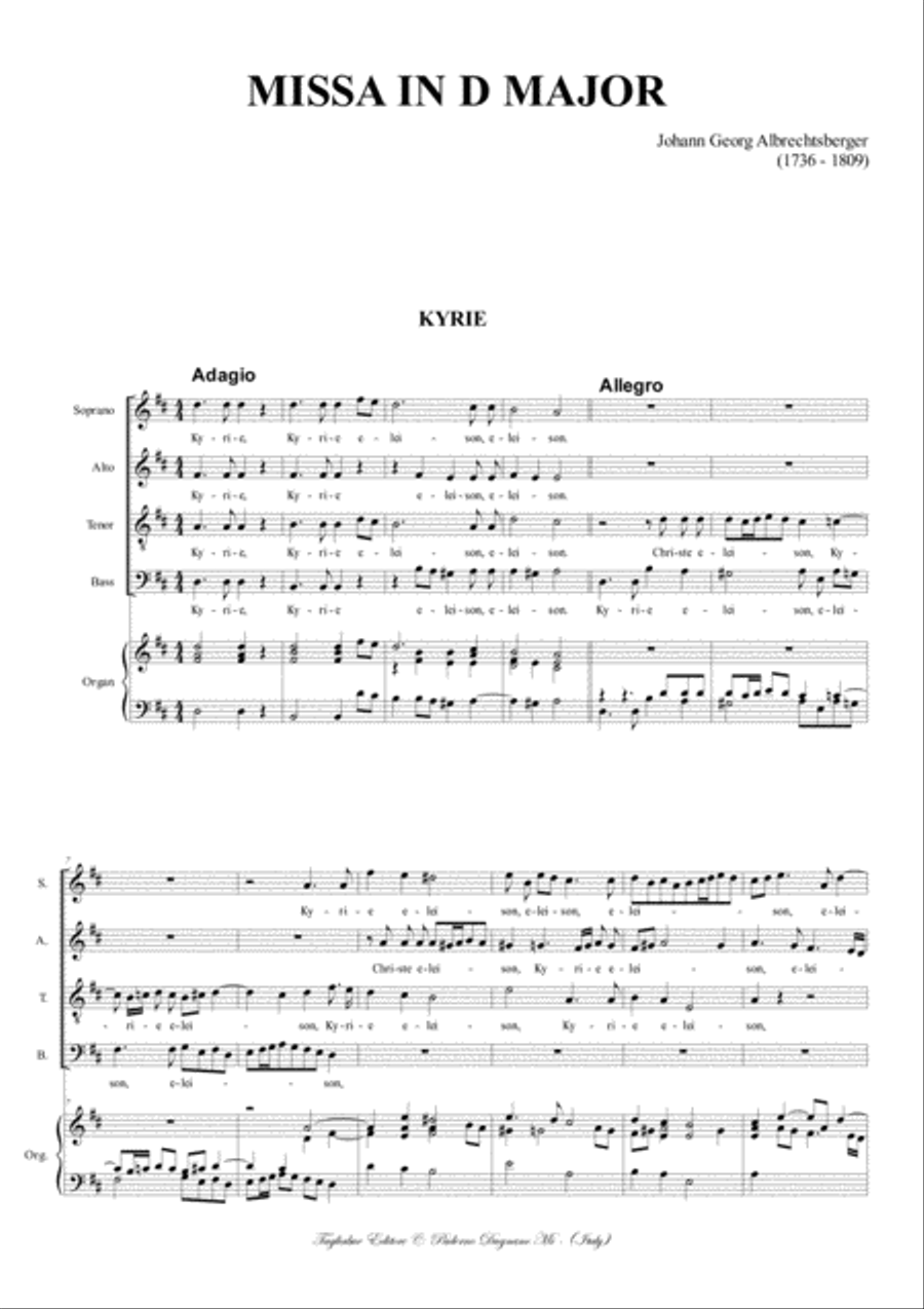 MISSA IN D MAJOR - Albrechtsberger J.G. - For SATB Choir and Organ - With all separate parts 4-Part scores gallery preview page 2