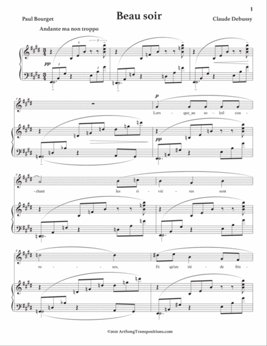 DEBUSSY: Beau soir (transposed to E major) Voice scores gallery preview page 2