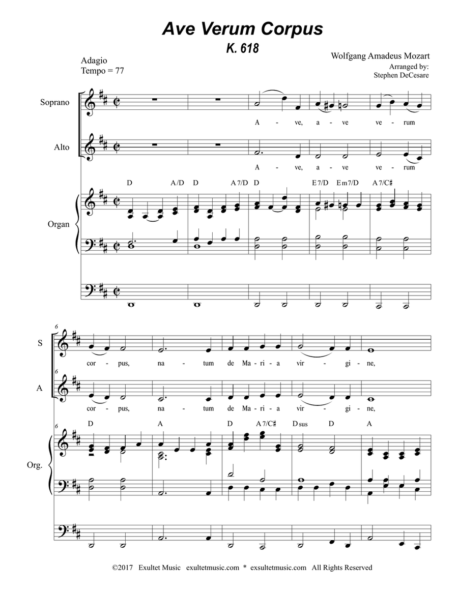 Ave Verum Corpus (Duet for Soprano and Alto solo - Organ Accompaniment) Alto Voice scores gallery preview page 1