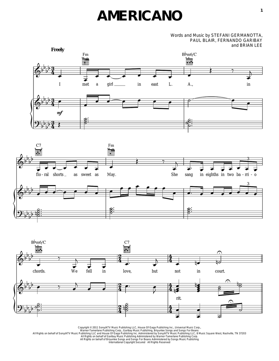 Americano Piano, Vocal, Guitar scores gallery preview page 1