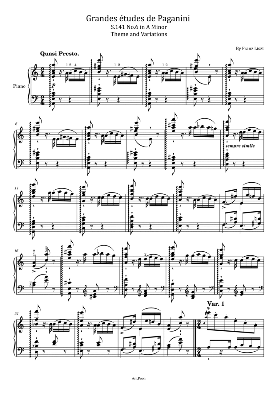 Liszt Grandes études de Paganini S.141 No.6 in A Minor Theme and Variations Original With Fingered Piano Solo scores gallery preview page 1