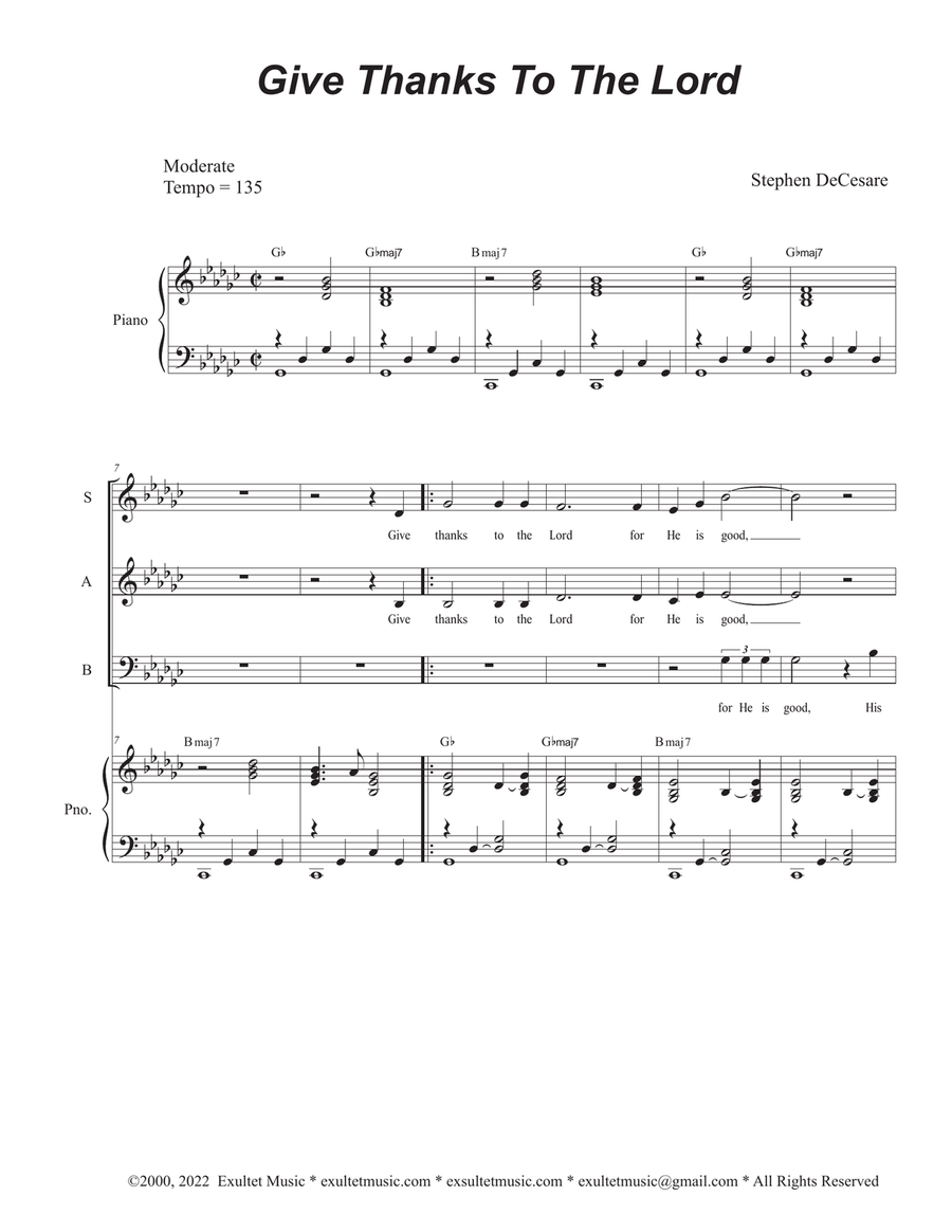 Give Thanks To The Lord (Vocal Trio - (SAB) 3-Part scores gallery preview page 1