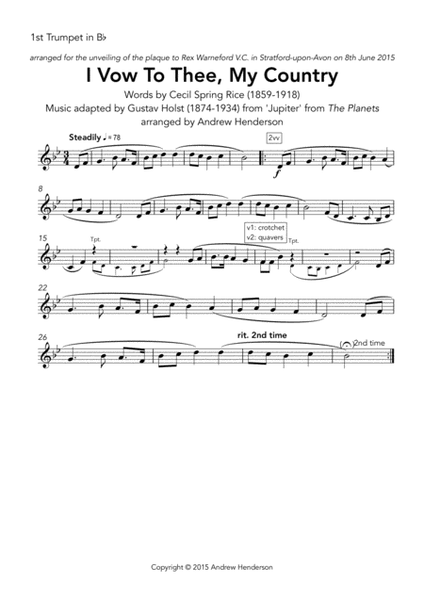 I vow to thee, my country (brass quintet + timpani, with vocal score)