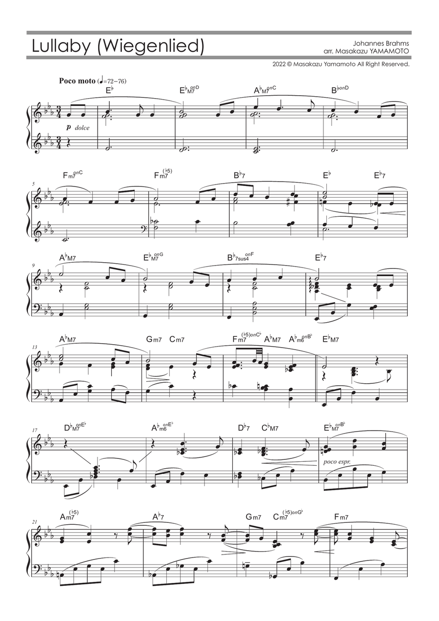 Brahms' Lullaby (Jazz ver.) [Piano solo / Intermediate level] Piano Solo scores gallery preview page 1