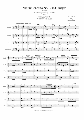 Book cover for Vivaldi - Concerto No.12 in G major RV 298 Op.4 for String Quartet