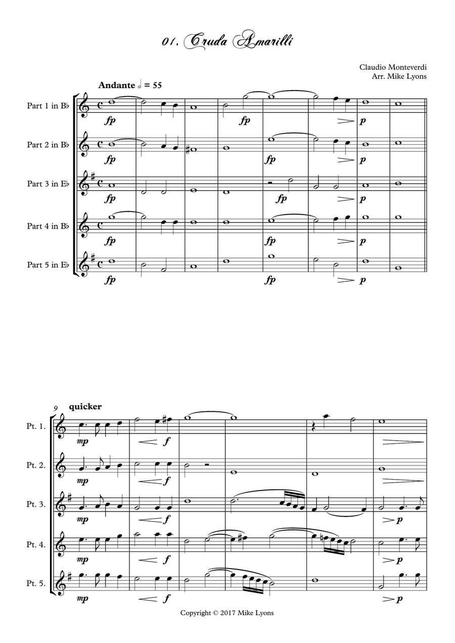 Monteverdi - The Fifth Book of Madrigals (1605) - 1. Cruda Amarilli Brass Ensemble scores gallery preview page 3
