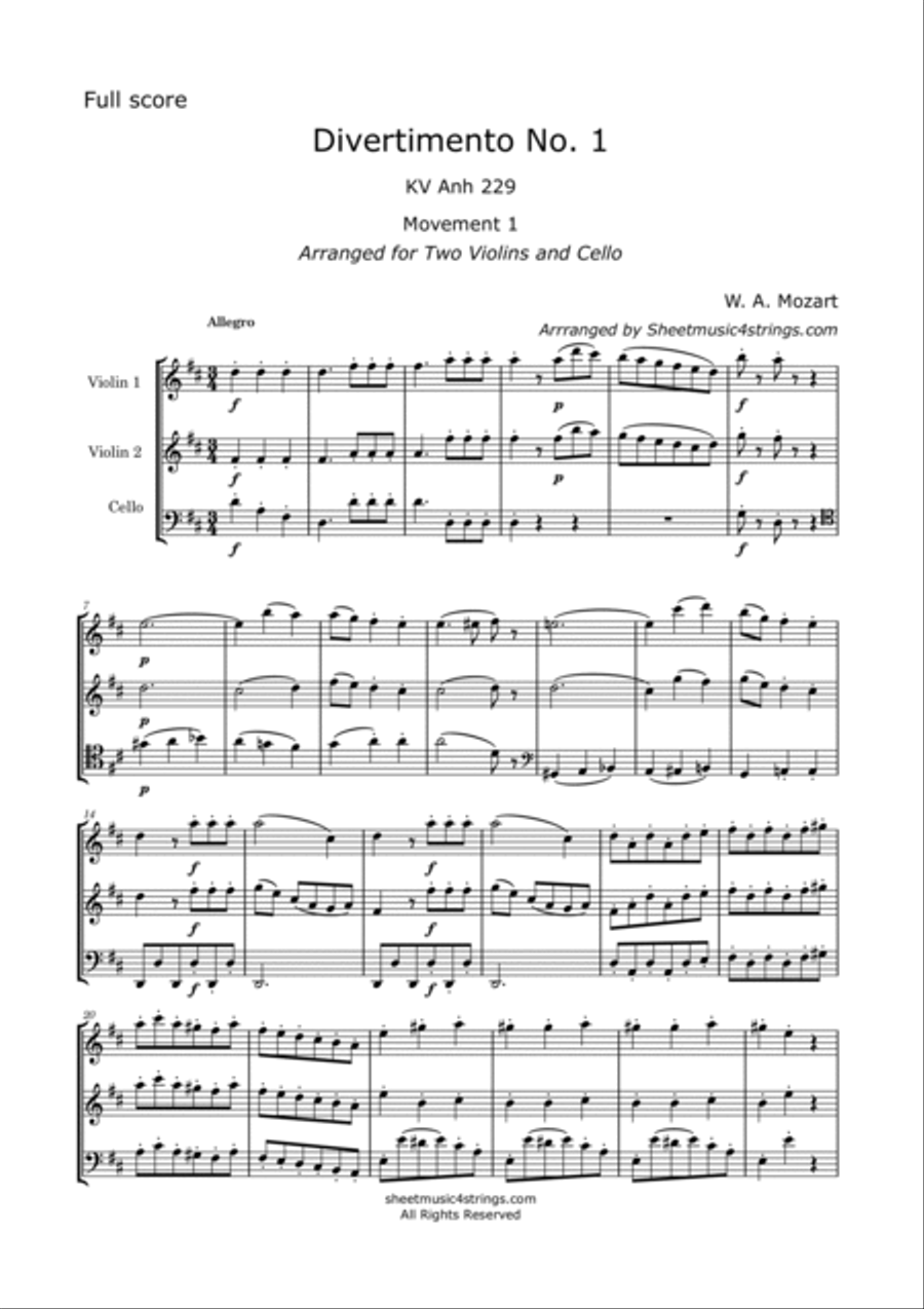 Mozart, W. - Divertimento No. 1 K. 229, Arranged for 2 Violins and Cello String Trio scores gallery preview page 2