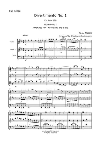 Mozart, W. - Divertimento No. 1 K. 229, Arranged for 2 Violins and Cello image number null