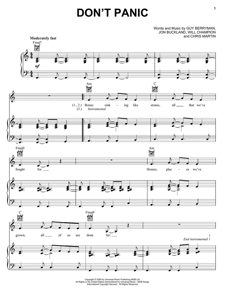 Don't Panic Piano, Vocal, Guitar scores gallery preview page 1