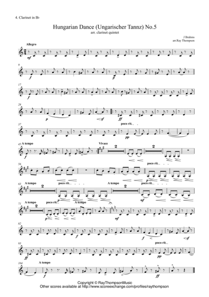 Brahms: Hungarian Dance (Ungarischer Tannz) No.5 - clarinet quintet image number null