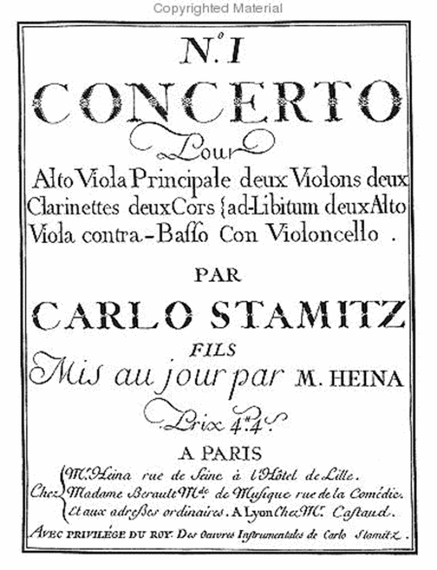 Concerto for solo viola. Opus I. Two violins, two clarinets, two horns, two violas and bass.