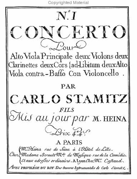 Concerto for solo viola. Opus I. Two violins, two clarinets, two horns, two violas and bass. by Carl Stamitz Orchestra - Sheet Music