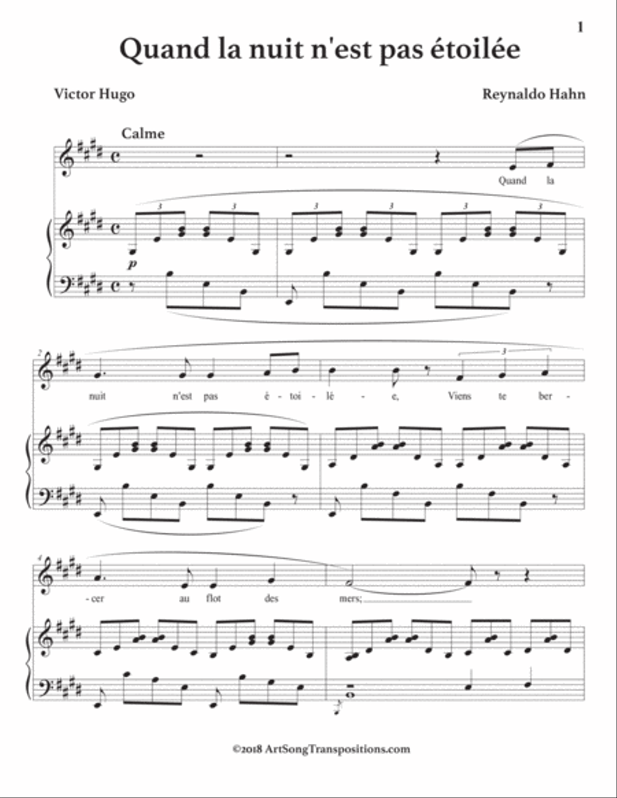 HAHN: Quand la nuit n'est pas étoilée (transposed to E major) Voice scores gallery preview page 2