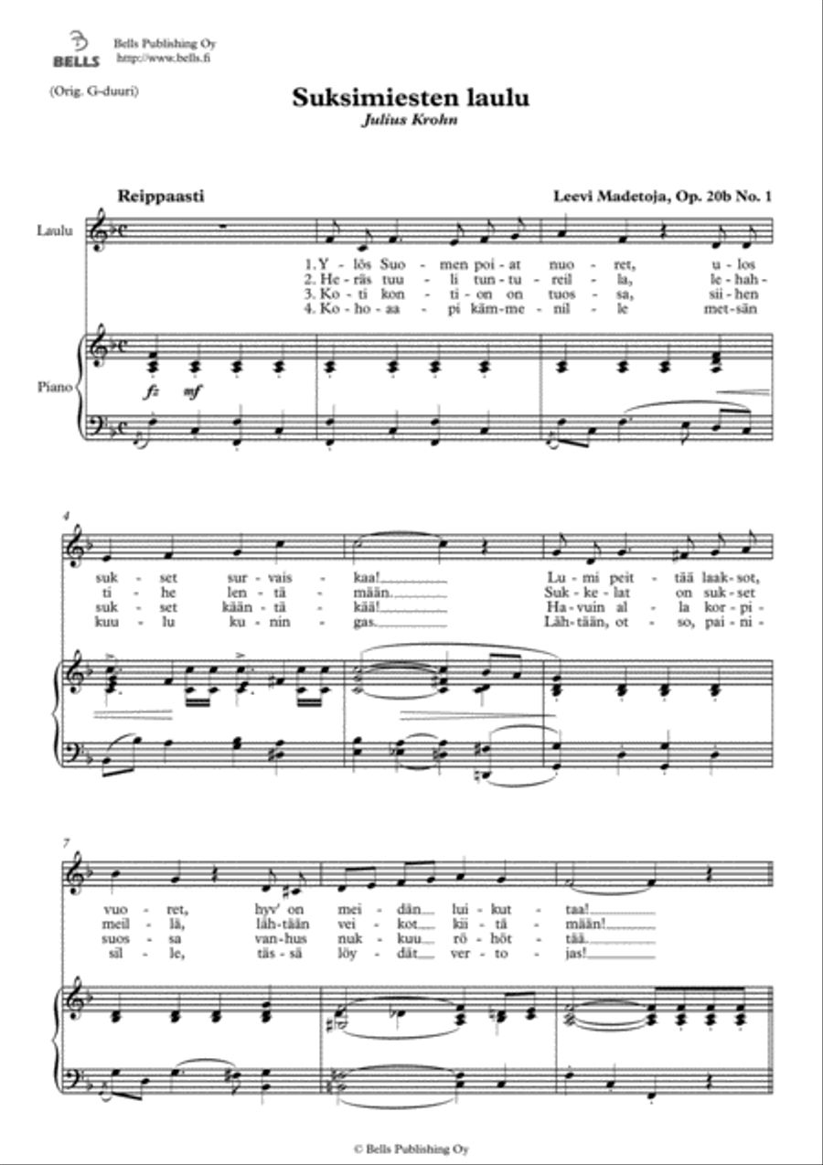 Suksimiesten laulu, Op. 20b No. 1 (F Major) Voice Solo scores gallery preview page 1