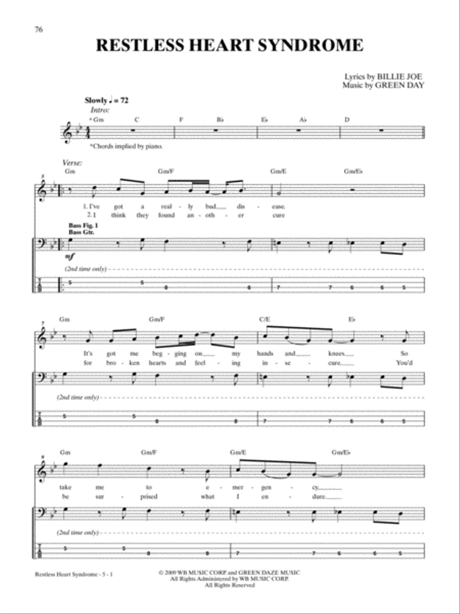 Restless Heart Syndrome Bass Guitar Tablature scores gallery preview page 1