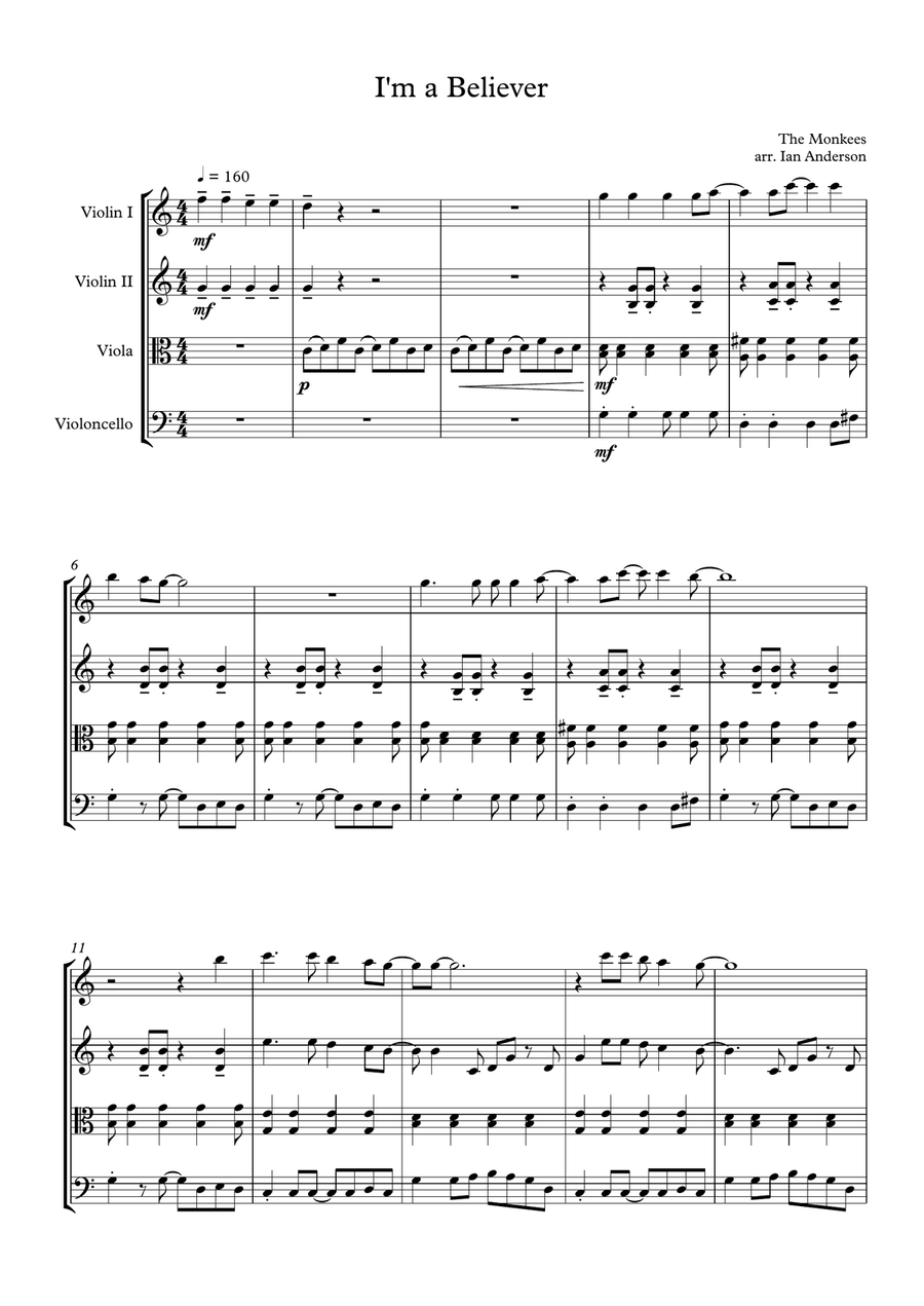 I'm A Believer String Quartet scores gallery preview page 1