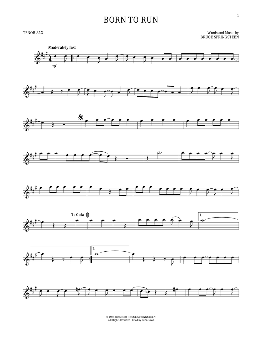 Born To Run Tenor Saxophone scores gallery preview page 1