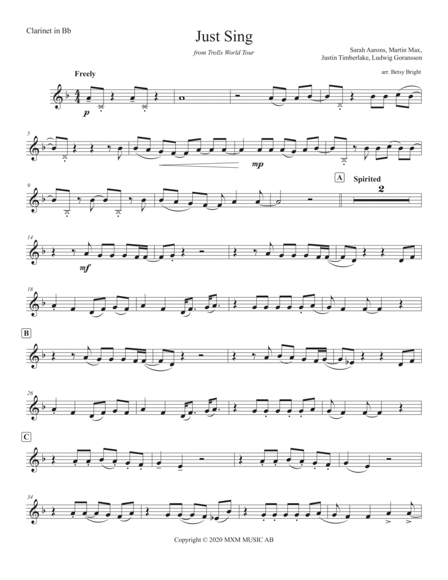 Just Sing Trolls World Tour Clarinet Solo scores gallery preview page 1