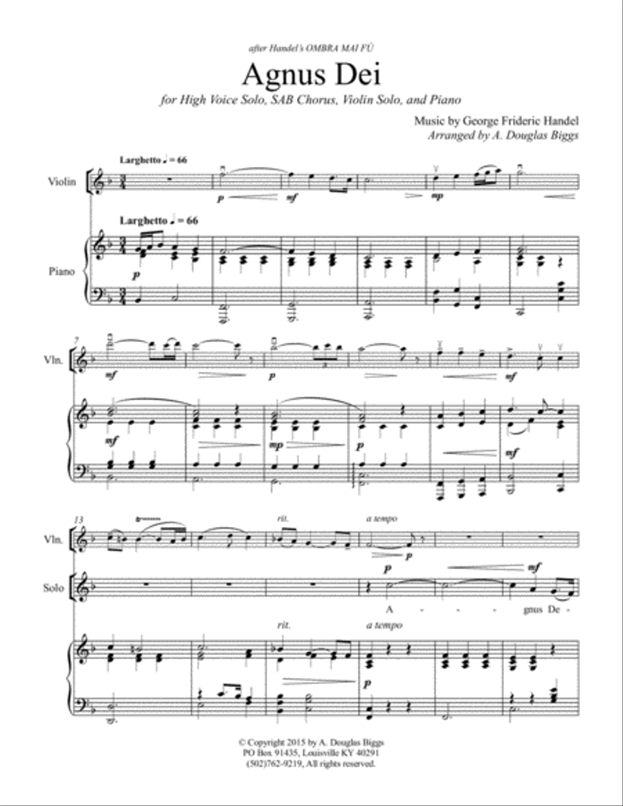 Agnus Dei for High Voice Solo, SAB Chorus, Violin Solo, and Piano 3-Part scores gallery preview page 3