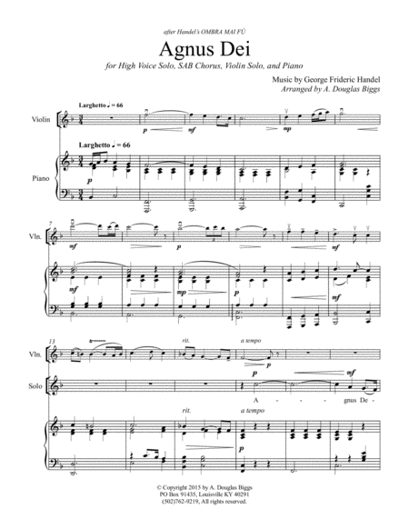 Agnus Dei for High Voice Solo, SAB Chorus, Violin Solo, and Piano image number null