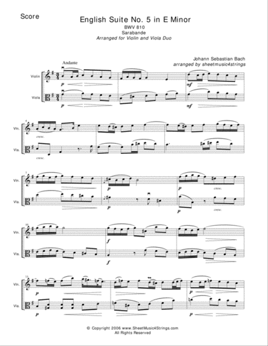 Bach, J.S. - Sarabande for Violin and Viola String Duet scores gallery preview page 1