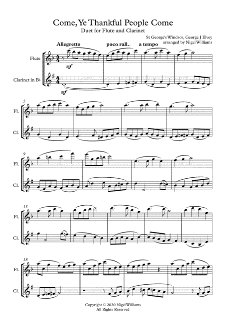 Come, Ye Thankful People Come, Duet for Flute and Clarinet Woodwind Duet scores gallery preview page 2
