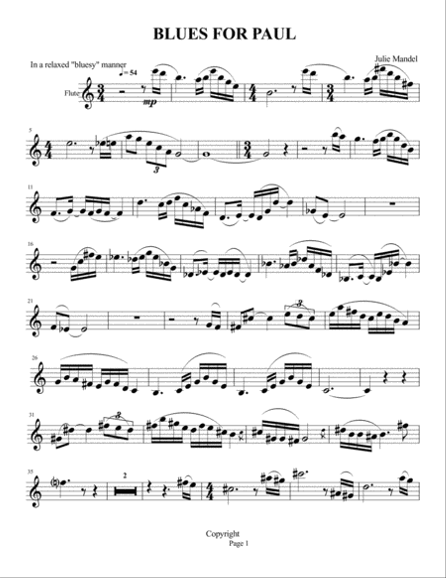 Blues for Paul - for Flute and Piano, by Julie Mandel. FEATURED ON THE FLUTE EXAMINER JUNE 2020. Flu Flute Solo scores gallery preview page 3