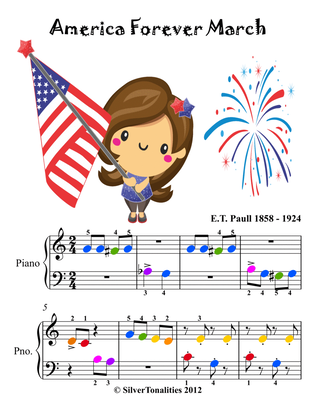 America Forever March Beginner Piano Sheet Music with Colored Notes