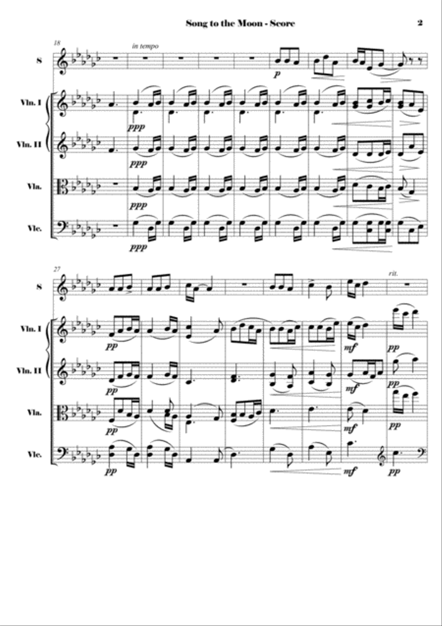 Dvorak - Song to the Moon from Rusalka, Op. 114 - Reduction for Soprano and String Quartet (SCORE) Small Ensemble scores gallery preview page 3