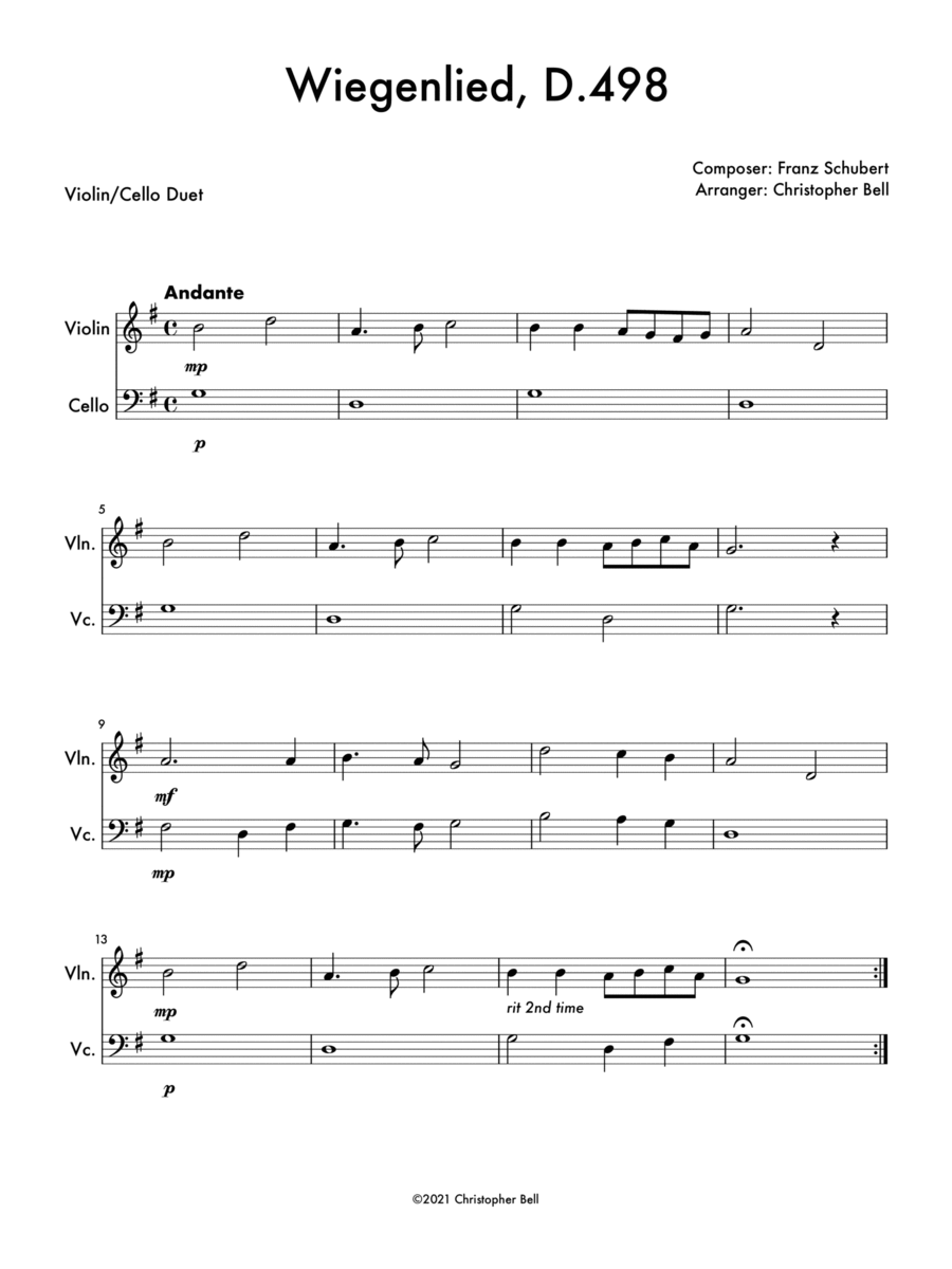 Wiegenlied, D.498 - Easy Violin/Cello Duet String Duet scores gallery preview page 1